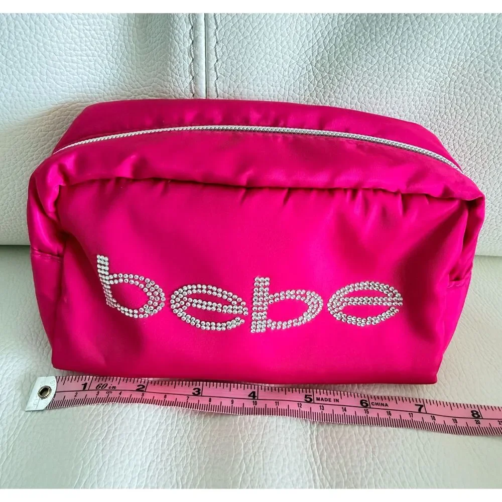 Bebe Pink Rhinestone Logo Cosmetic Makeup Bag Y2K Zip Pouch